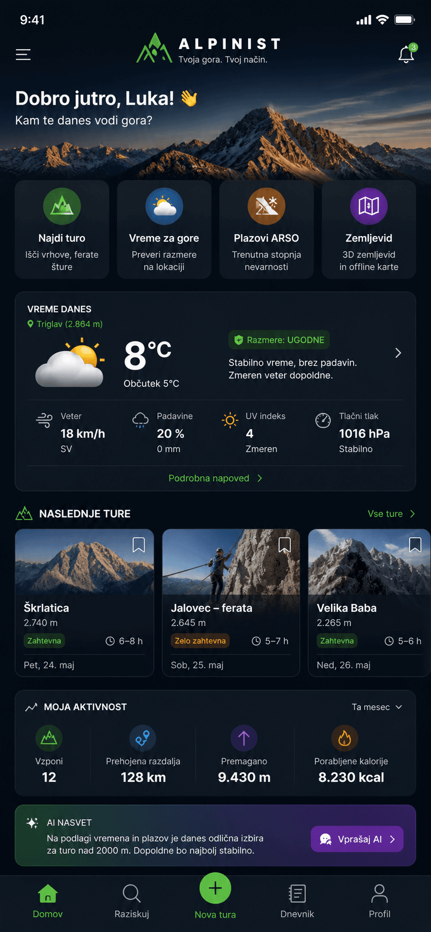 Domači zaslon aplikacije alpAI s turami, vremenom in AI nasvetom